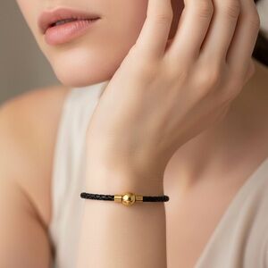 Linx Black Leather Braided Cord Bracelet with Gold Magnetic Clasp